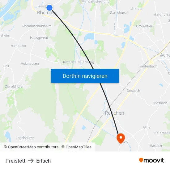 Freistett to Erlach map