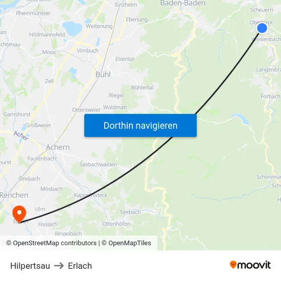 Hilpertsau to Erlach map