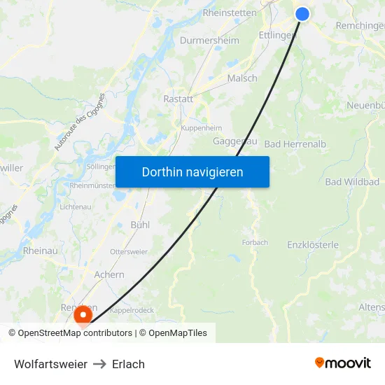 Wolfartsweier to Erlach map