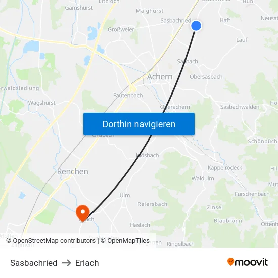 Sasbachried to Erlach map