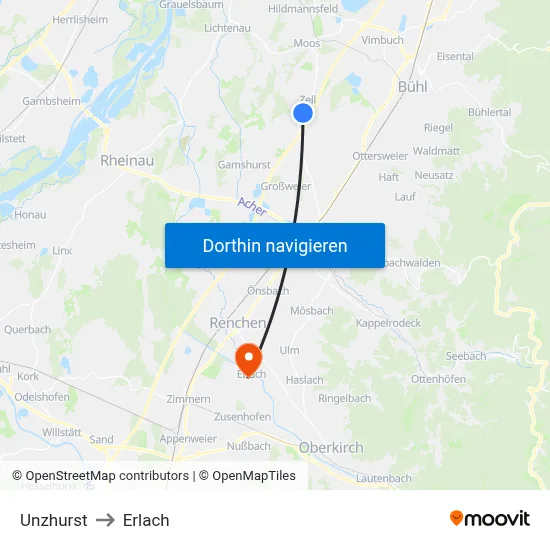 Unzhurst to Erlach map