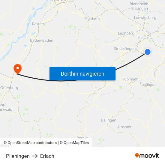 Plieningen to Erlach map