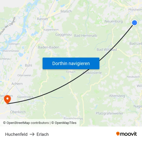 Huchenfeld to Erlach map