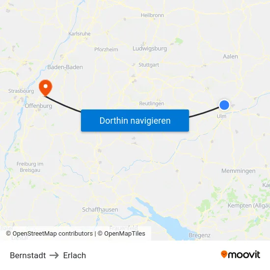 Bernstadt to Erlach map