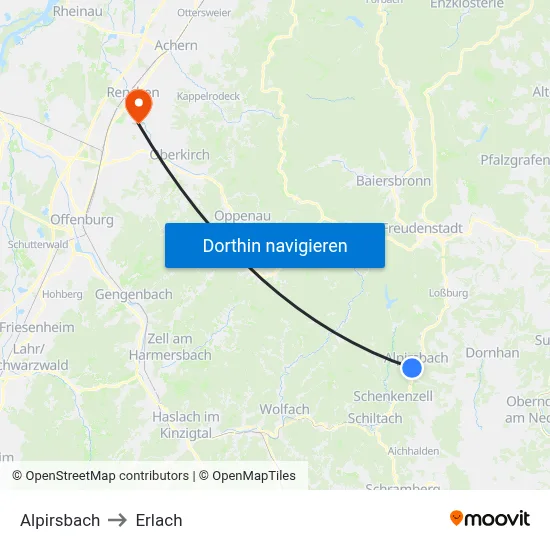 Alpirsbach to Erlach map