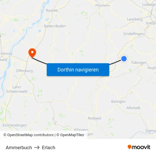 Ammerbuch to Erlach map
