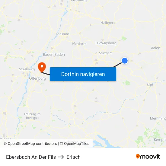 Ebersbach An Der Fils to Erlach map