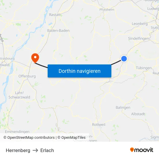 Herrenberg to Erlach map