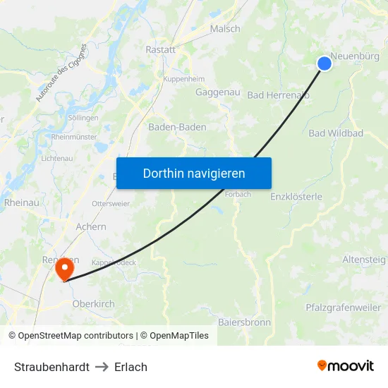 Straubenhardt to Erlach map