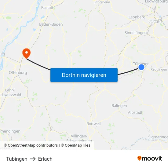 Tübingen to Erlach map