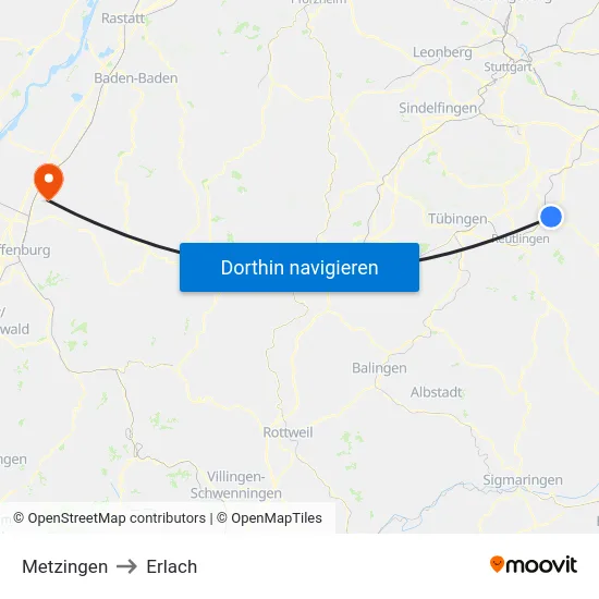 Metzingen to Erlach map