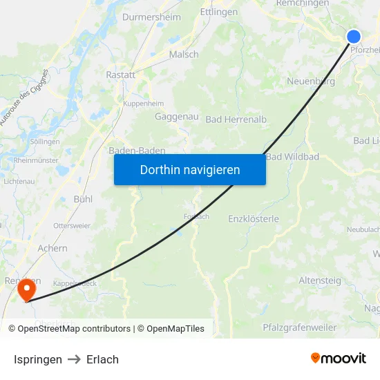 Ispringen to Erlach map
