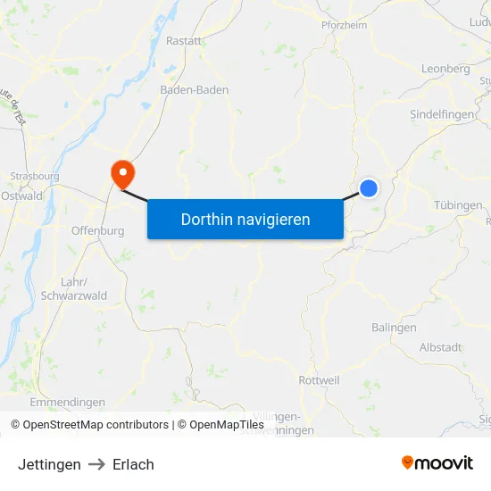 Jettingen to Erlach map