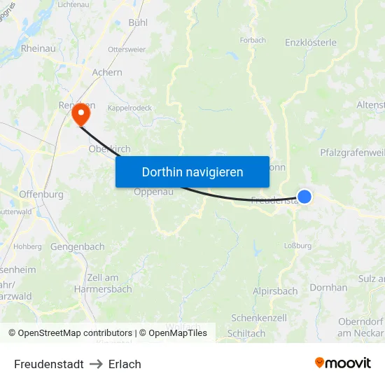Freudenstadt to Erlach map