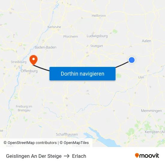 Geislingen An Der Steige to Erlach map