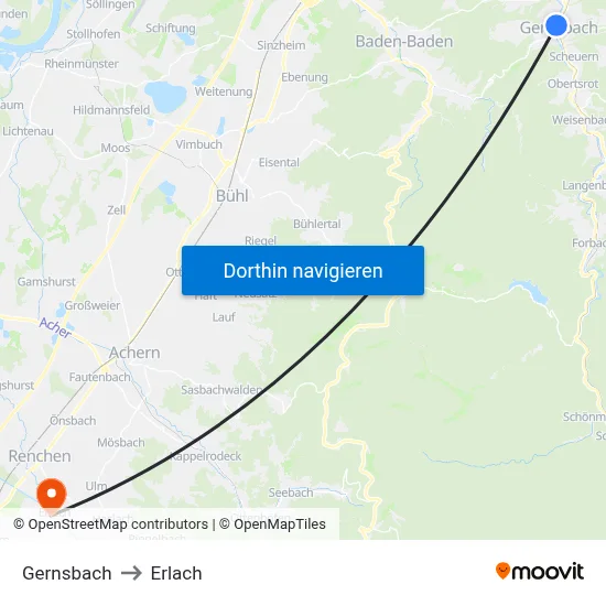 Gernsbach to Erlach map