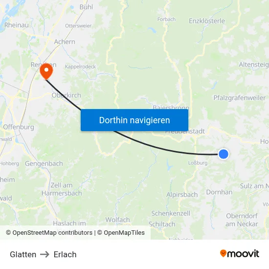 Glatten to Erlach map