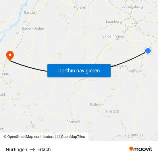 Nürtingen to Erlach map