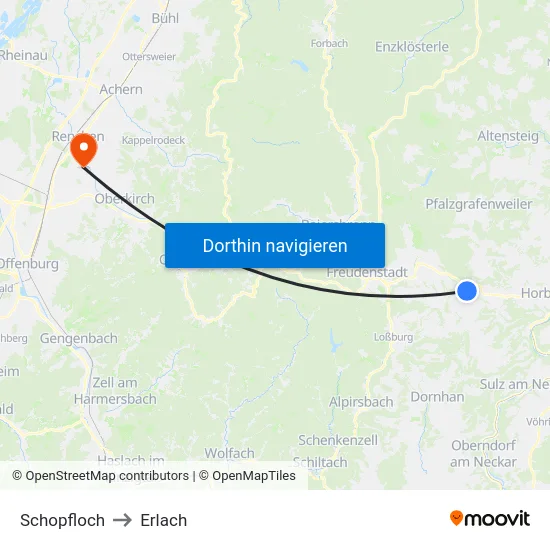 Schopfloch to Erlach map