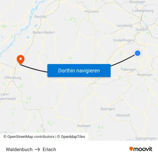 Waldenbuch to Erlach map