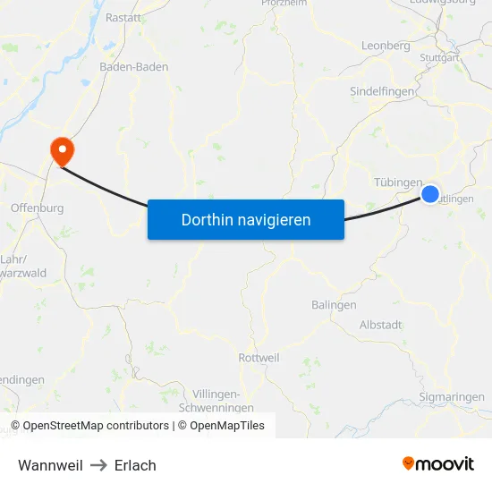 Wannweil to Erlach map