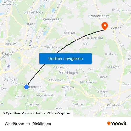 Waldbronn to Rinklingen map