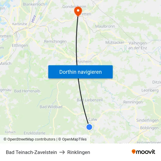 Bad Teinach-Zavelstein to Rinklingen map
