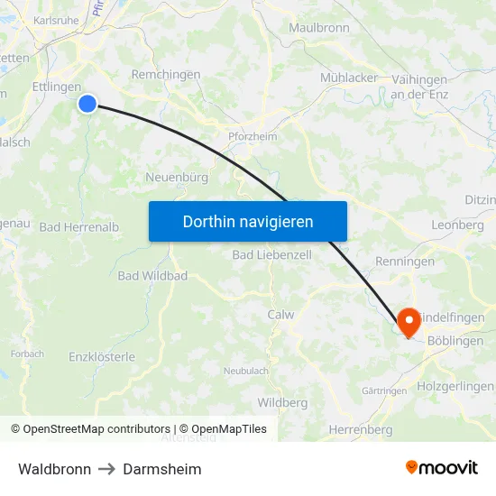 Waldbronn to Darmsheim map