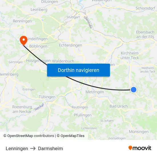 Lenningen to Darmsheim map