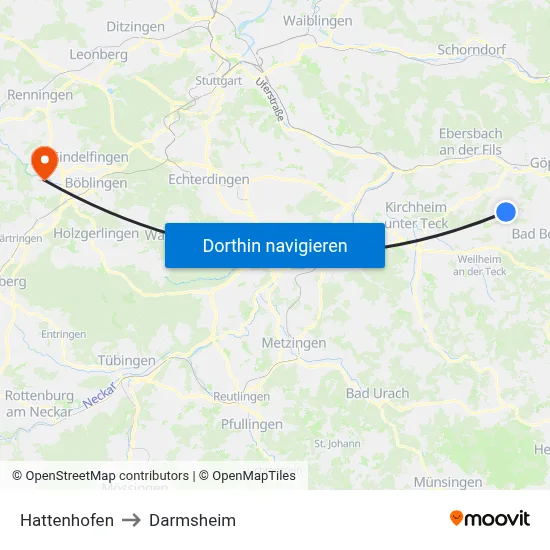 Hattenhofen to Darmsheim map