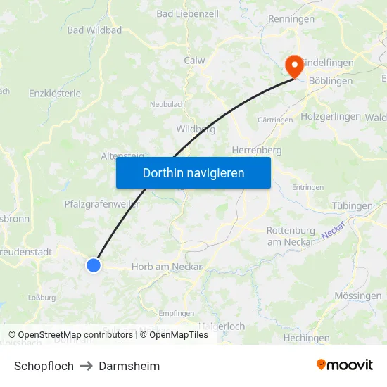Schopfloch to Darmsheim map