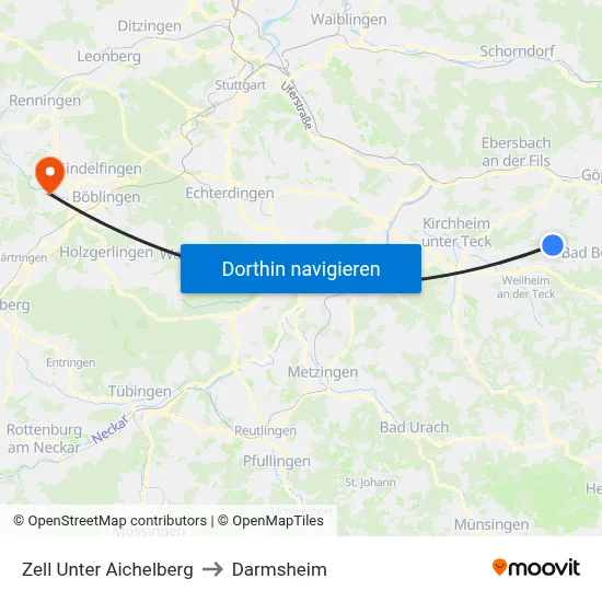 Zell Unter Aichelberg to Darmsheim map