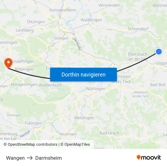 Wangen to Darmsheim map