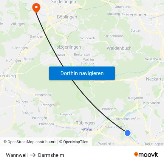 Wannweil to Darmsheim map