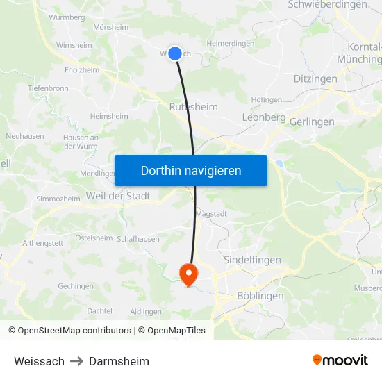 Weissach to Darmsheim map