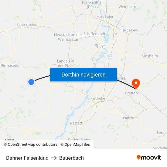 Dahner Felsenland to Bauerbach map