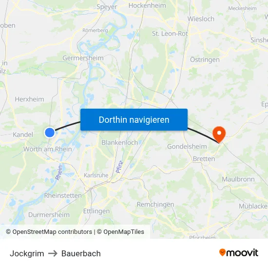 Jockgrim to Bauerbach map