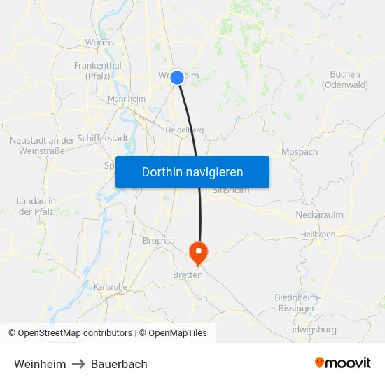 Weinheim to Bauerbach map