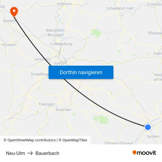 Neu-Ulm to Bauerbach map