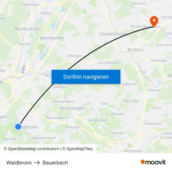 Waldbronn to Bauerbach map