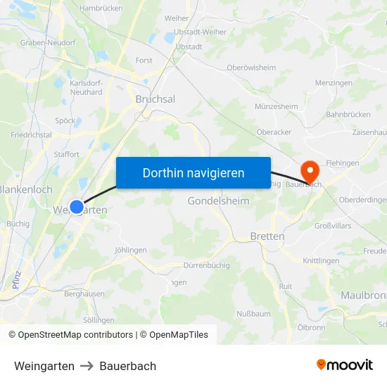 Weingarten to Bauerbach map
