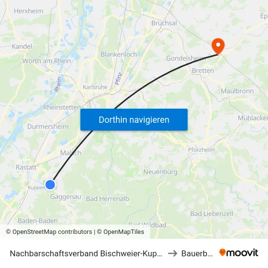 Nachbarschaftsverband Bischweier-Kuppenheim to Bauerbach map