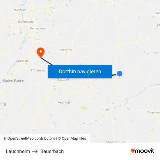 Lauchheim to Bauerbach map
