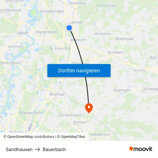 Sandhausen to Bauerbach map