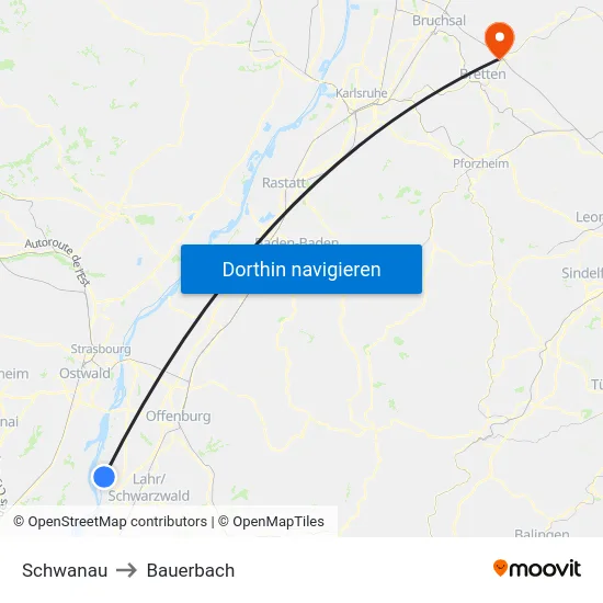 Schwanau to Bauerbach map