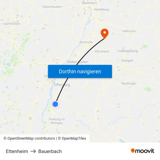 Ettenheim to Bauerbach map