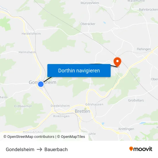 Gondelsheim to Bauerbach map