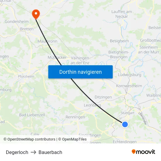 Degerloch to Bauerbach map
