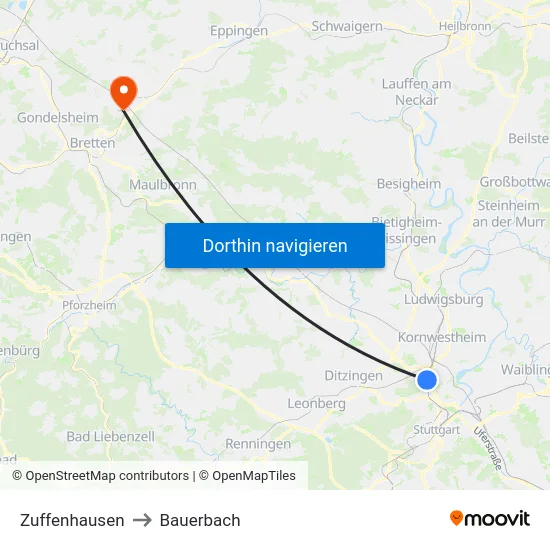 Zuffenhausen to Bauerbach map