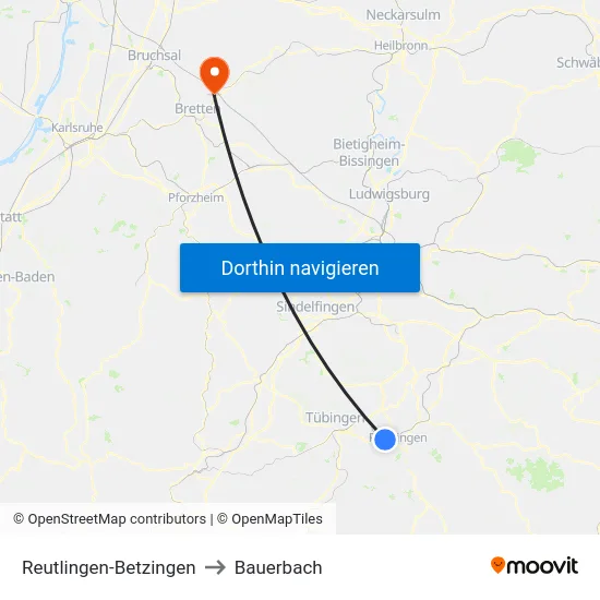 Reutlingen-Betzingen to Bauerbach map